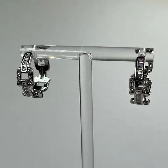 White Gold Plated Clear CZ Huggie Hoop Earrings - Picture 2 of 8